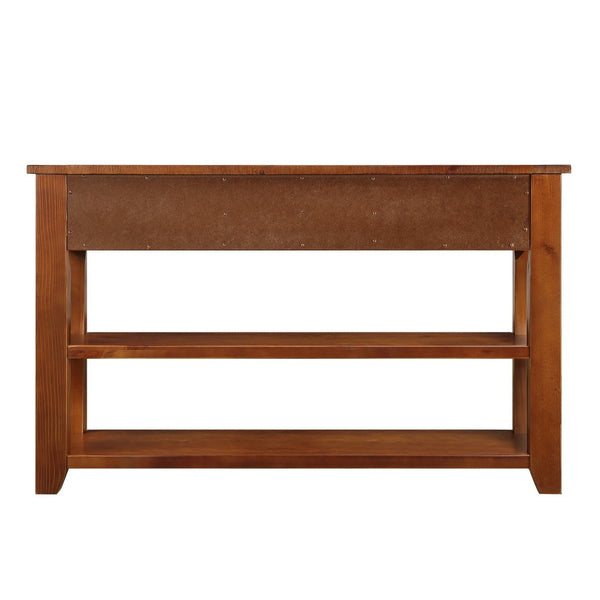 English Elm 48'' Pine Wood Console Table Vintage Entryway Piece with 3 Drawers and Open Shelves Brown W1202P360969