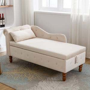 English Elm Beige Velvet Chaise with Hidden Storage Tufted Back Nailhead Trim Rolled Arm Lounge Beige W1170100896