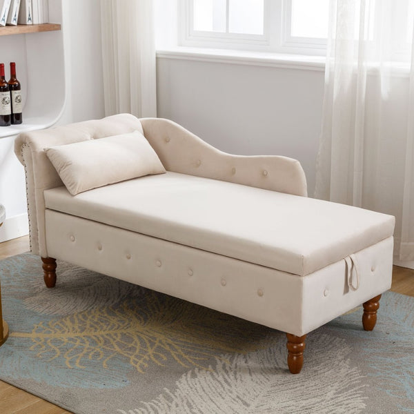 English Elm Beige Velvet Chaise with Hidden Storage Tufted Back Nailhead Trim Rolled Arm Lounge Beige W1170100896