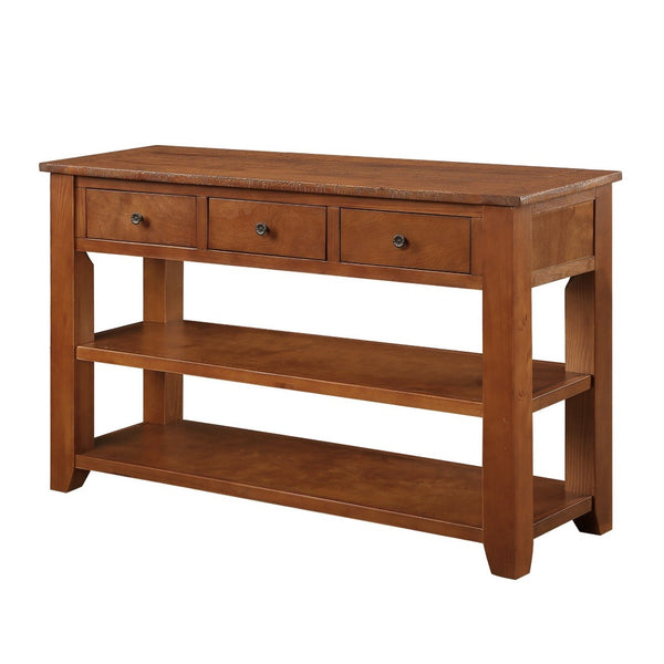 English Elm 48'' Pine Wood Console Table Vintage Entryway Piece with 3 Drawers and Open Shelves Brown W1202P360969