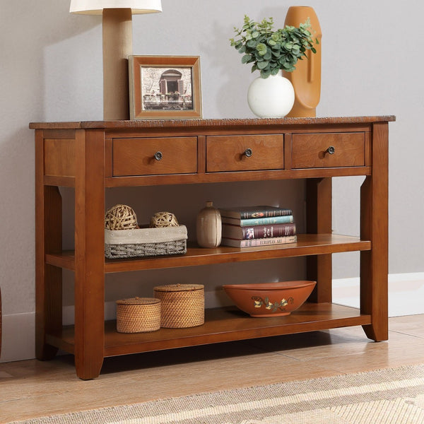 English Elm 48'' Pine Wood Console Table Vintage Entryway Piece with 3 Drawers and Open Shelves Brown W1202P360969