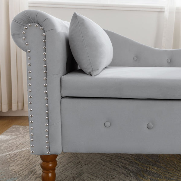 English Elm Beige Velvet Chaise with Hidden Storage Tufted Back Nailhead Trim Rolled Arm Lounge Grey W1170100897