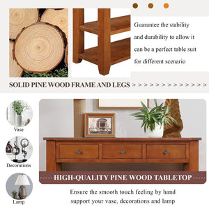 English Elm 48'' Pine Wood Console Table Vintage Entryway Piece with 3 Drawers and Open Shelves Brown W1202P360969