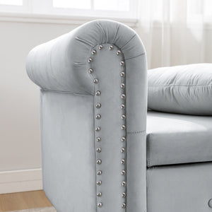 English Elm Beige Velvet Chaise with Hidden Storage Tufted Back Nailhead Trim Rolled Arm Lounge Grey W1170100897