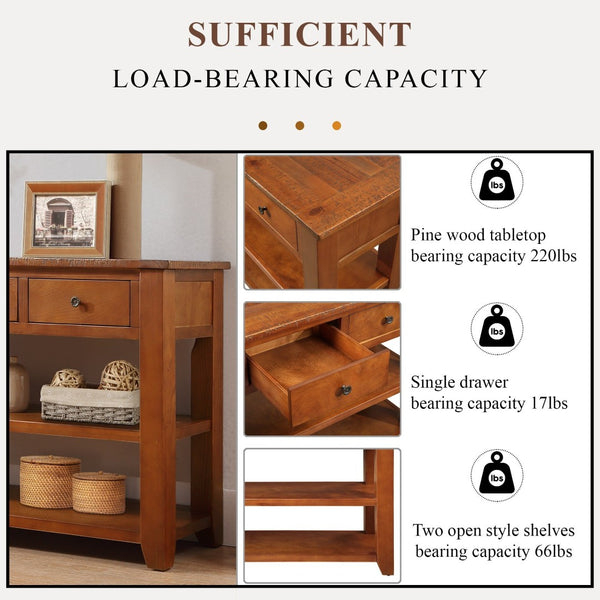 English Elm 48'' Pine Wood Console Table Vintage Entryway Piece with 3 Drawers and Open Shelves Brown W1202P360969