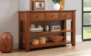 English Elm 48'' Pine Wood Console Table Vintage Entryway Piece with 3 Drawers and Open Shelves Brown W1202P360969