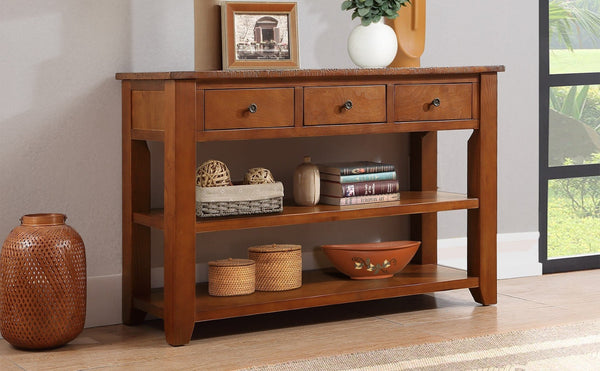 English Elm 48'' Pine Wood Console Table Vintage Entryway Piece with 3 Drawers and Open Shelves Brown W1202P360969
