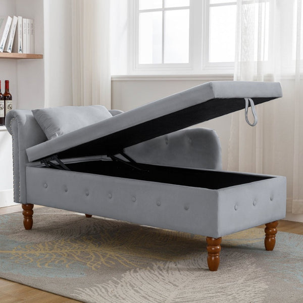 English Elm Beige Velvet Chaise with Hidden Storage Tufted Back Nailhead Trim Rolled Arm Lounge Grey W1170100897