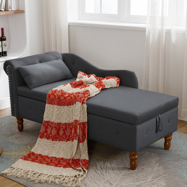 English Elm Beige Velvet Chaise with Hidden Storage Tufted Back Nailhead Trim Rolled Arm Lounge Black W1170100898