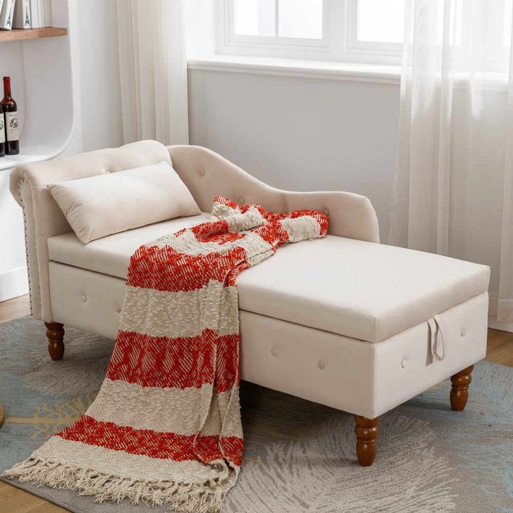 English Elm Beige Velvet Chaise with Hidden Storage Tufted Back Nailhead Trim Rolled Arm Lounge Beige W1170100896