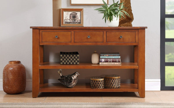 English Elm 48'' Pine Wood Console Table Vintage Entryway Piece with 3 Drawers and Open Shelves Brown W1202P360969