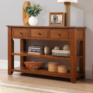 English Elm 48'' Pine Wood Console Table Vintage Entryway Piece with 3 Drawers and Open Shelves Brown W1202P360969