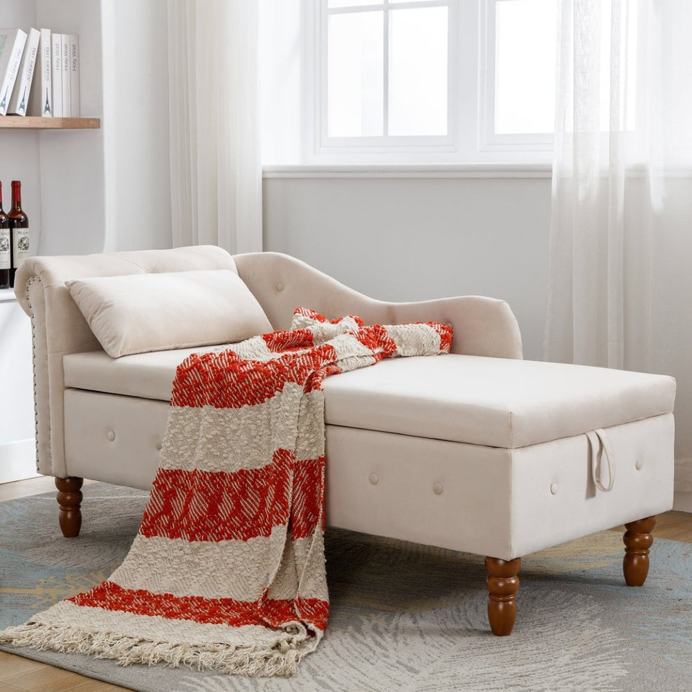 English Elm Beige Velvet Chaise with Hidden Storage Tufted Back Nailhead Trim Rolled Arm Lounge Beige W1170100896