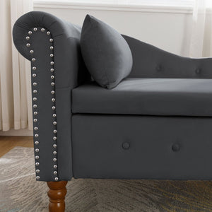 English Elm Beige Velvet Chaise with Hidden Storage Tufted Back Nailhead Trim Rolled Arm Lounge Black W1170100898