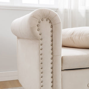 English Elm Beige Velvet Chaise with Hidden Storage Tufted Back Nailhead Trim Rolled Arm Lounge Beige W1170100896
