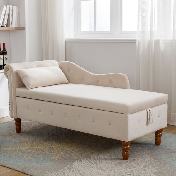 English Elm Beige Velvet Chaise with Hidden Storage Tufted Back Nailhead Trim Rolled Arm Lounge Beige W1170100896
