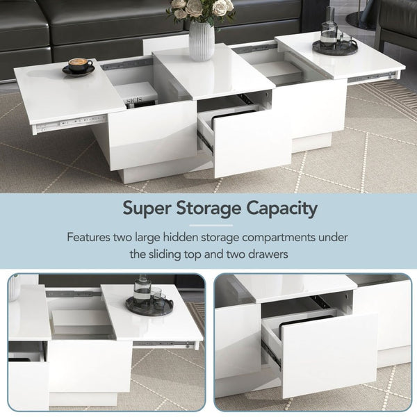 English Elm High-gloss Extendable Coffee Table with Hidden Compartments and Drawers White WF303591AAK