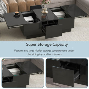 English Elm High-gloss Extendable Coffee Table with Hidden Compartments and Drawers Black WF303591AAB