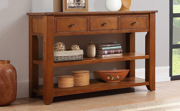 English Elm 48'' Pine Wood Console Table Vintage Entryway Piece with 3 Drawers and Open Shelves Brown W1202P360969