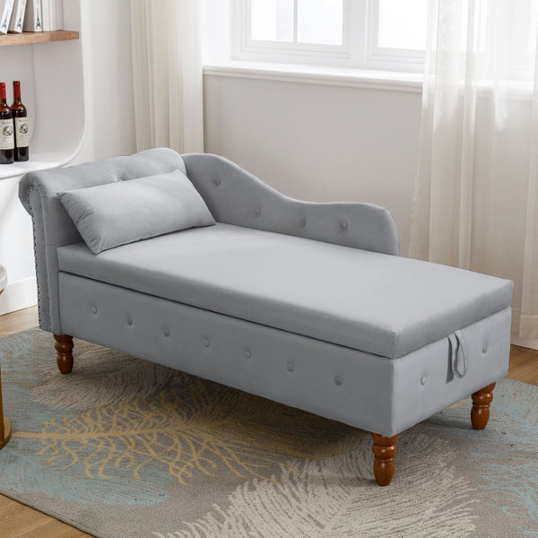 English Elm Beige Velvet Chaise with Hidden Storage Tufted Back Nailhead Trim Rolled Arm Lounge Grey W1170100897