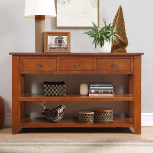 English Elm 48'' Pine Wood Console Table Vintage Entryway Piece with 3 Drawers and Open Shelves Brown W1202P360969