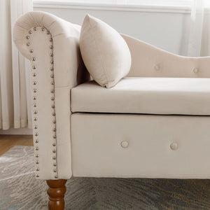 English Elm Beige Velvet Chaise with Hidden Storage Tufted Back Nailhead Trim Rolled Arm Lounge Beige W1170100896