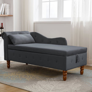 English Elm Beige Velvet Chaise with Hidden Storage Tufted Back Nailhead Trim Rolled Arm Lounge Black W1170100898