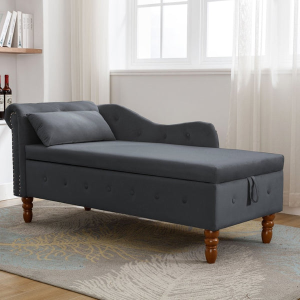 English Elm Beige Velvet Chaise with Hidden Storage Tufted Back Nailhead Trim Rolled Arm Lounge Black W1170100898