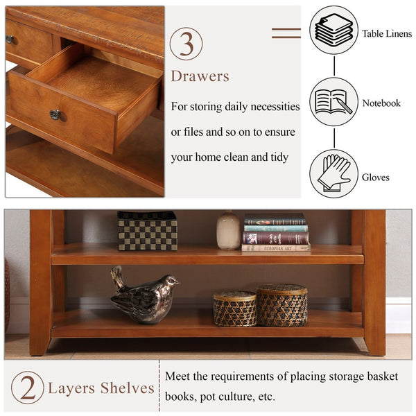 English Elm 48'' Pine Wood Console Table Vintage Entryway Piece with 3 Drawers and Open Shelves Brown W1202P360969