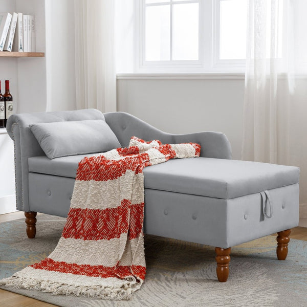 English Elm Beige Velvet Chaise with Hidden Storage Tufted Back Nailhead Trim Rolled Arm Lounge Grey W1170100897