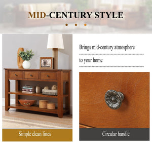English Elm 48'' Pine Wood Console Table Vintage Entryway Piece with 3 Drawers and Open Shelves Brown W1202P360969