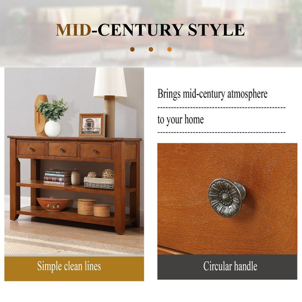 English Elm 48'' Pine Wood Console Table Vintage Entryway Piece with 3 Drawers and Open Shelves Brown W1202P360969