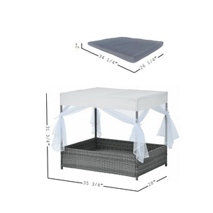 English Elm Dog Patio Bed with Pe Wicker Frame Mesh Curtain and Washable Cushion for Outdoor Use W170390117