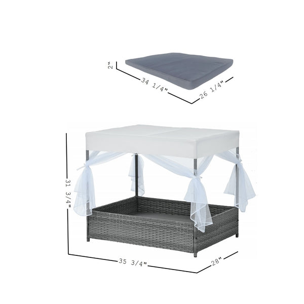 English Elm Dog Patio Bed with Pe Wicker Frame Mesh Curtain and Washable Cushion for Outdoor Use W170390117