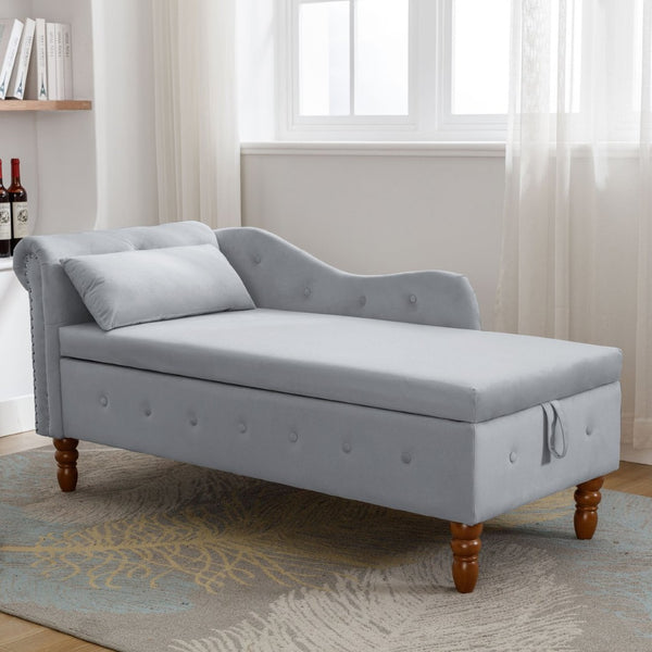 English Elm Beige Velvet Chaise with Hidden Storage Tufted Back Nailhead Trim Rolled Arm Lounge Grey W1170100897