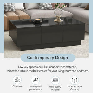 English Elm High-gloss Extendable Coffee Table with Hidden Compartments and Drawers Black WF303591AAB