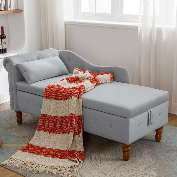 English Elm Beige Velvet Chaise with Hidden Storage Tufted Back Nailhead Trim Rolled Arm Lounge Grey W1170100897