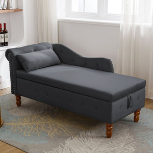 English Elm Beige Velvet Chaise with Hidden Storage Tufted Back Nailhead Trim Rolled Arm Lounge Black W1170100898