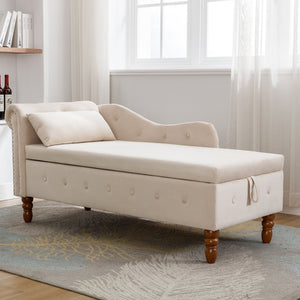 English Elm Beige Velvet Chaise with Hidden Storage Tufted Back Nailhead Trim Rolled Arm Lounge Beige W1170100896