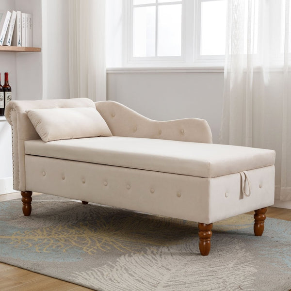 English Elm Beige Velvet Chaise with Hidden Storage Tufted Back Nailhead Trim Rolled Arm Lounge Beige W1170100896