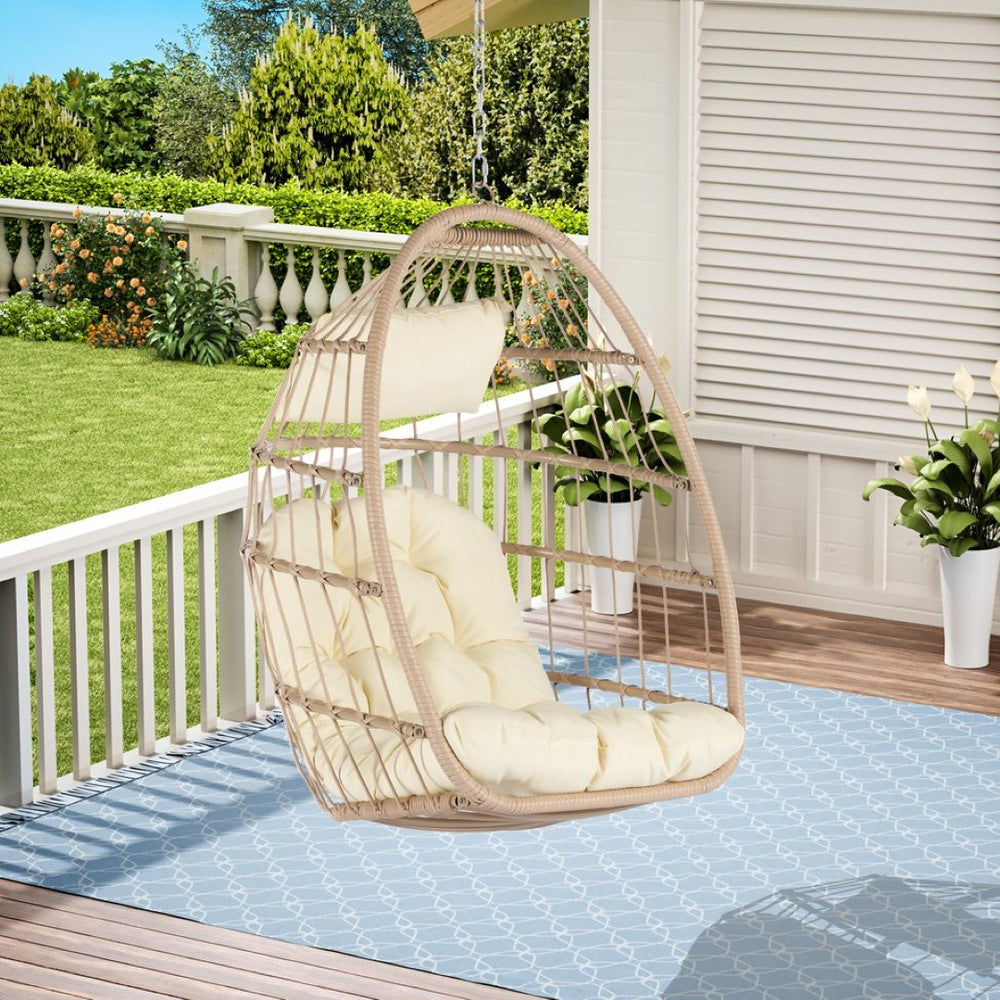 English Elm Outdoor Woven Pe Rattan Egg Swing Chair with Cushioned Seat for Patio or Garden W87470711