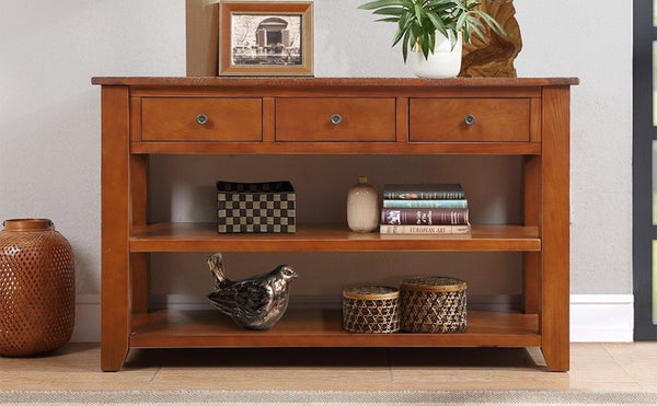 English Elm 48'' Pine Wood Console Table Vintage Entryway Piece with 3 Drawers and Open Shelves Brown W1202P360969