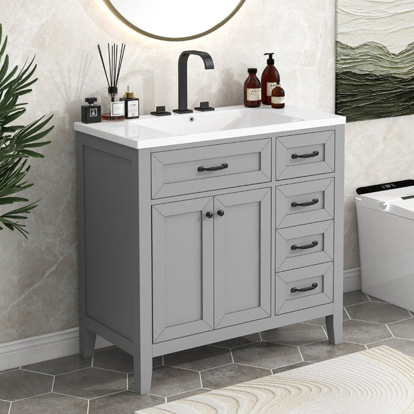 English Elm 36" Freestanding Bathroom Vanity Solid Rubberwood Cabinet with Ceramic Sink and Three Drawers Grey JL000007AAE-6
