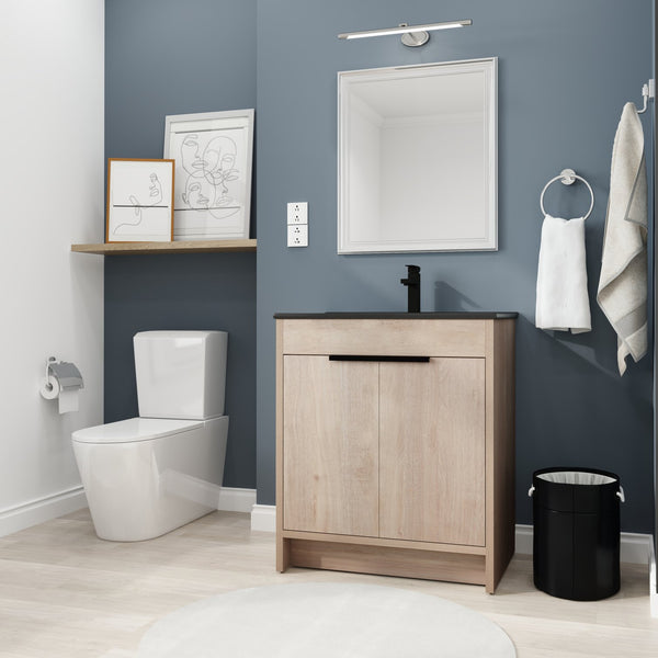 English Elm 30 Inch Freestanding Bathroom Vanity With Elegant Black Ceramic Sink & Soft-Close Cabinet Doors W999S00064