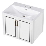 English Elm 24" Wall Mounted Bathroom Vanity With Ceramic Basin, Two Shutter Doors, Solid Wood & Mdf Board, White (One Package)