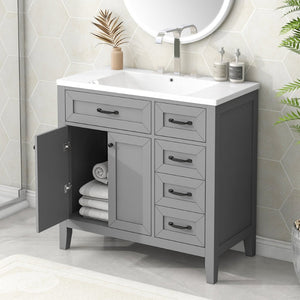 English Elm 36" Freestanding Bathroom Vanity Solid Rubberwood Cabinet with Ceramic Sink and Three Drawers Grey JL000007AAE-6