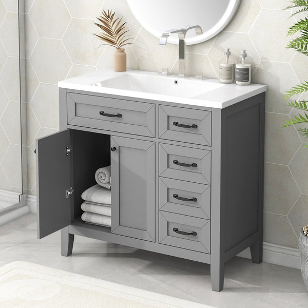 English Elm 36" Freestanding Bathroom Vanity Solid Rubberwood Cabinet with Ceramic Sink and Three Drawers Grey JL000007AAE-6