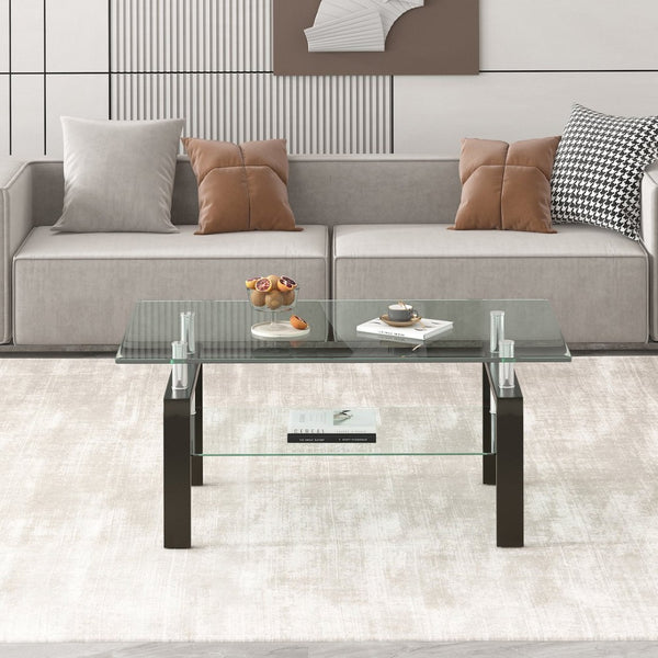 English Elm Tempered Glass Two Tier Coffee Table Open Shelf Design for Modern Living Rooms W171891784