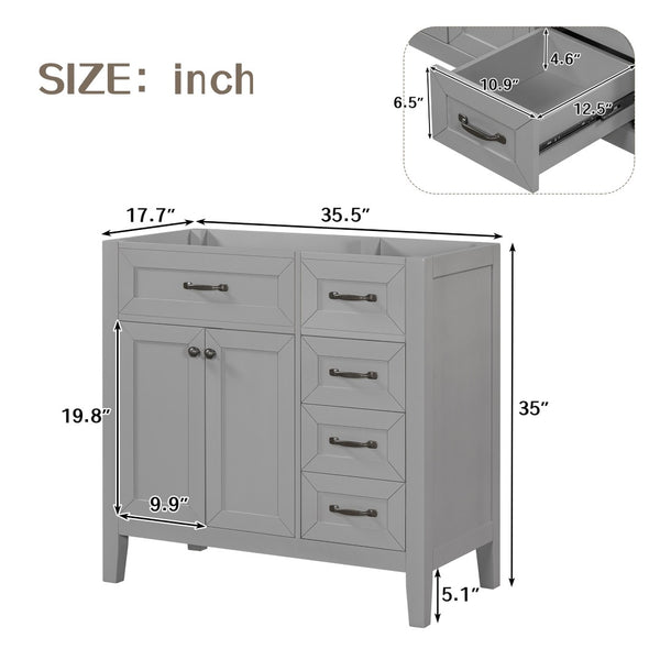 English Elm 36" Matte Bathroom Vanity Base Cabinet with Drawers Rubberwood Frame Modern Storage Grey WF296707AAE