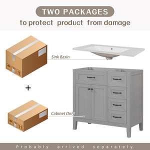 English Elm 36" Freestanding Bathroom Vanity Solid Rubberwood Cabinet with Ceramic Sink and Three Drawers Grey JL000007AAE-6